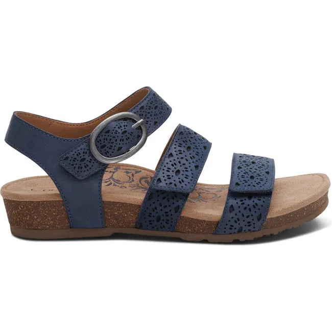 Lateral side of Women's Aetrex Lilly Arch Support Sandal in Navy Cutout leather with velcro straps