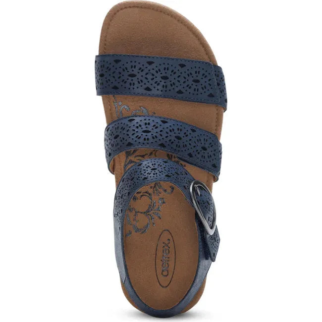 Top down view of Women's Aetrex Lilly Arch Support Sandal in Navy Cutout leather with velcro straps