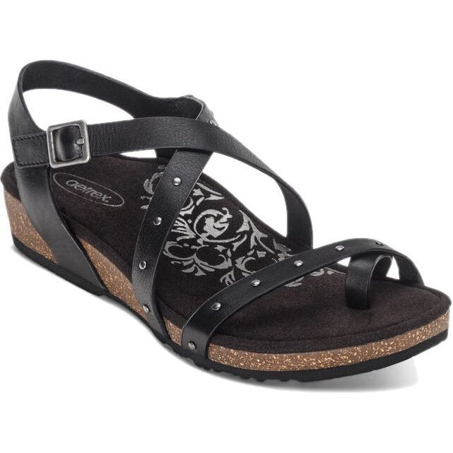 Front of Aetrex Women’s Lauren Quarter Strap Sandal in Black with Arch Support and back strap
