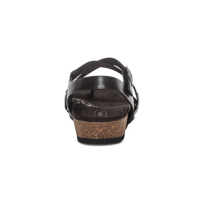 Heel of Aetrex Women’s Lauren Quarter Strap Sandal in Black with Arch Support and back strap