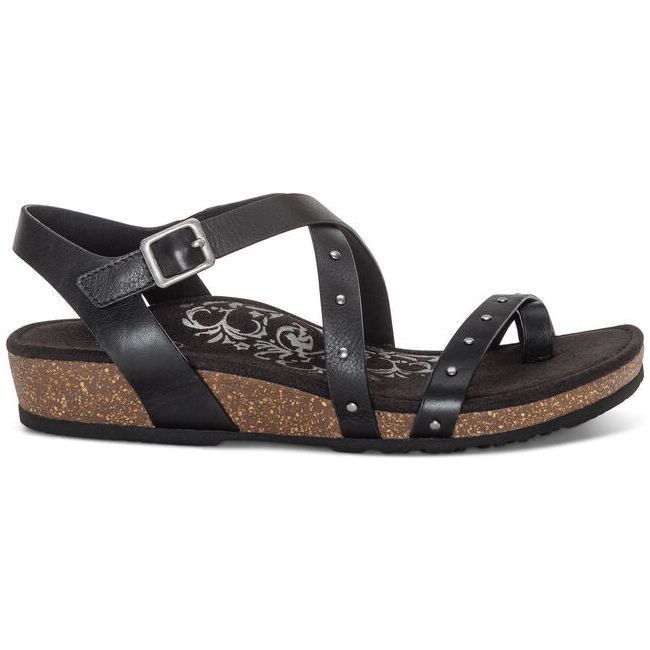 Lateral side of Aetrex Women’s Lauren Quarter Strap Sandal in Black with Arch Support and back strap