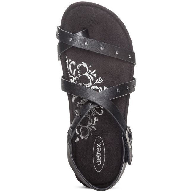 Upper of Aetrex Women’s Lauren Quarter Strap Sandal in Black with Arch Support and back strap