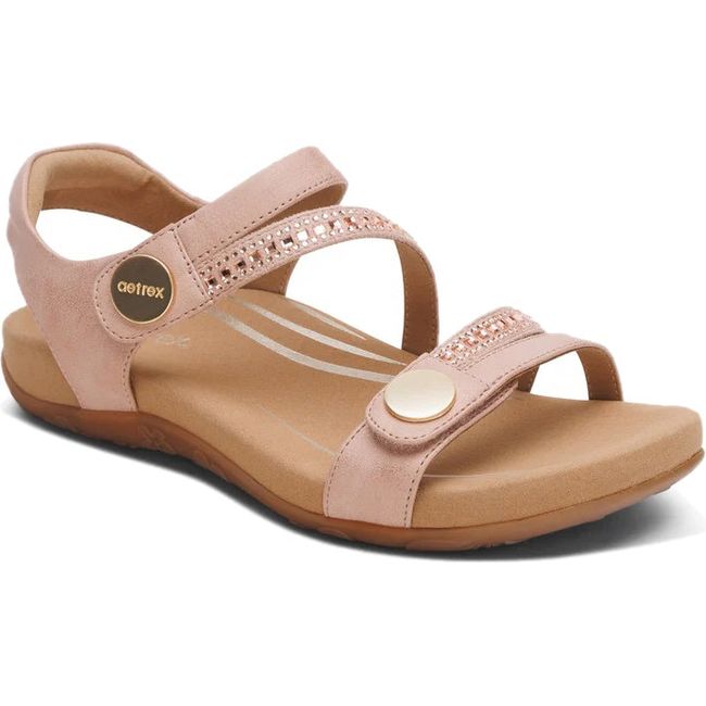Front angled view of Women's Aetrex Jess Arch Support Sandal in Pink Sparkle with back strap