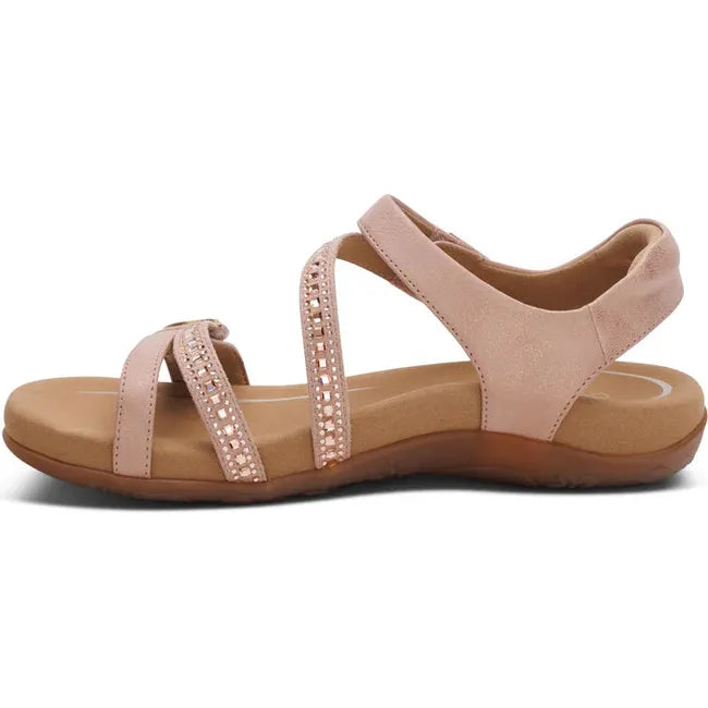 Medial side of Women's Aetrex Jess Arch Support Sandal in Pink Sparkle with adjustable straps
