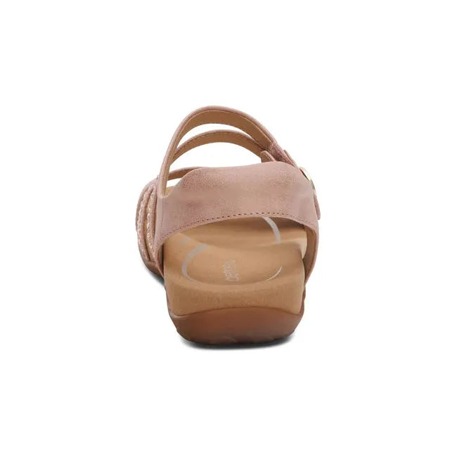 Heel of Women's Aetrex Jess Arch Support Sandal in Pink Sparkle with adjustable strap