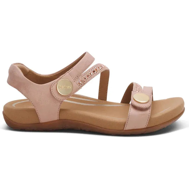 Lateral side of Women's Aetrex Jess Arch Support Sandal in Pink Sparkle with adjustable straps