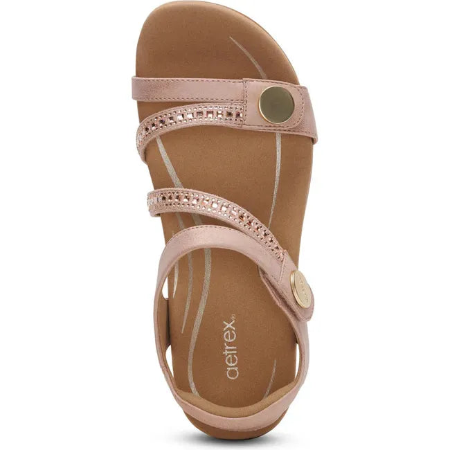 Top down view of Women's Aetrex Jess Arch Support Sandal in Pink Sparkle with adjustable straps