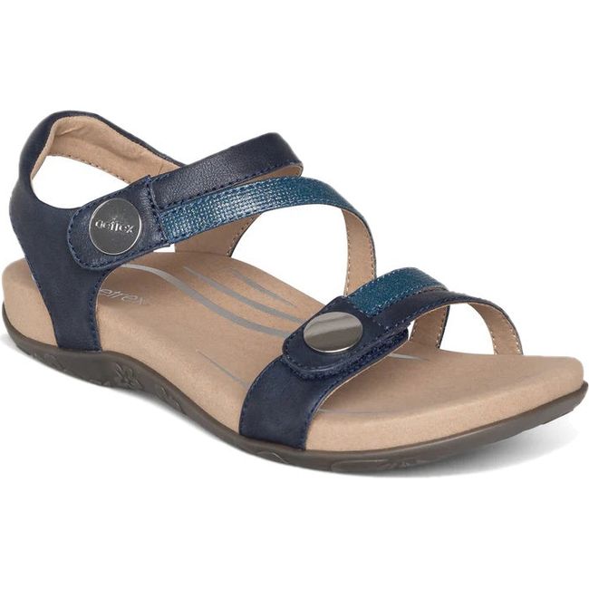 Front angled view of Women's Aetrex Jess Arch Support Sandal in Navy blue with back strap