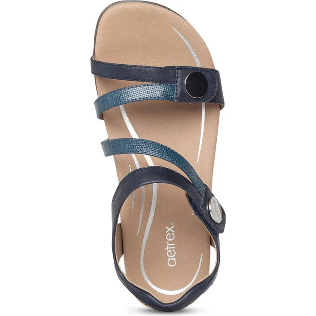 Top down view of Women's Aetrex Jess Arch Support Sandal in Navy blue with adjustable straps