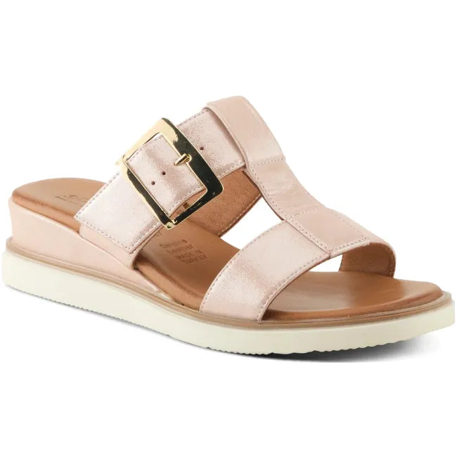 Front angled view of pink metallic Spring Step Women's Seaport Wedge Sandal
