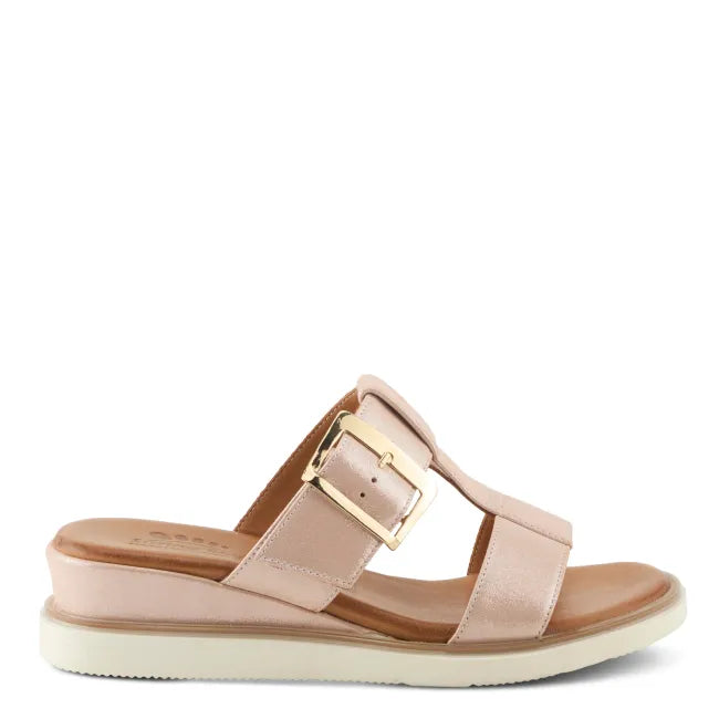 Lateral side of pink metallic leather Spring Step Women's Seaport Wedge Sandal