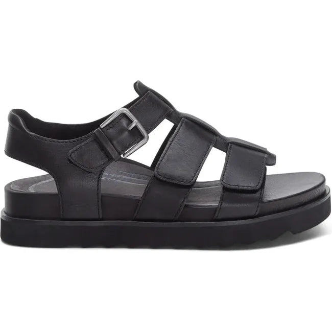 Lateral side of Women's Aetrex Romy Arch Support Sandal in Black leather with velcro straps