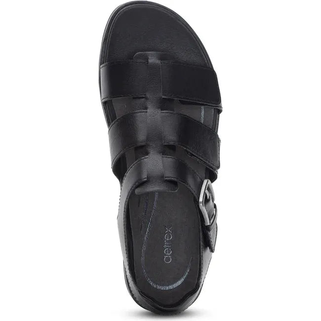 Top down view of Women's Aetrex Romy Arch Support Sandal in Black leather with velcro straps