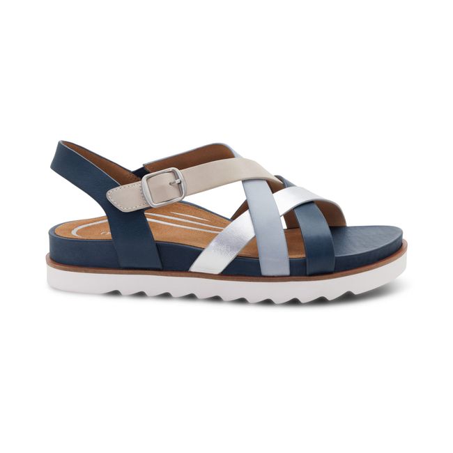 Lateral profile of Aetrex Women's Carmen Cross Band Adjustable Sandal in navy multi