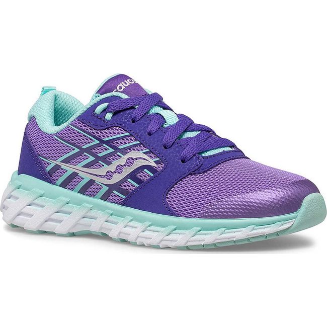 Front angled view of Kids Saucony Wind 2.0 Sneaker in purple mesh with teal accents