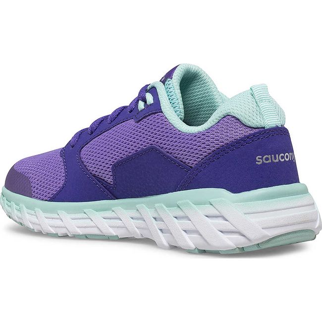 Medial side of Kids Saucony Wind 2.0 Sneaker in purple mesh with teal accents