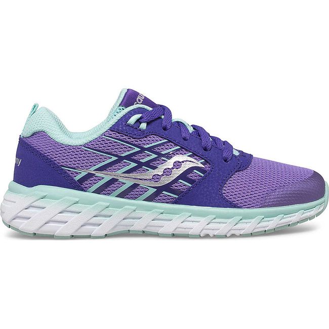 Lateral side of Kids Saucony Wind 2.0 Sneaker in purple mesh with teal accents