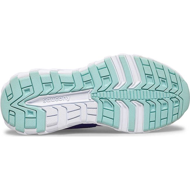 Sole view of Kids Saucony Wind 2.0 Sneaker in purple mesh with white sole and teal tread