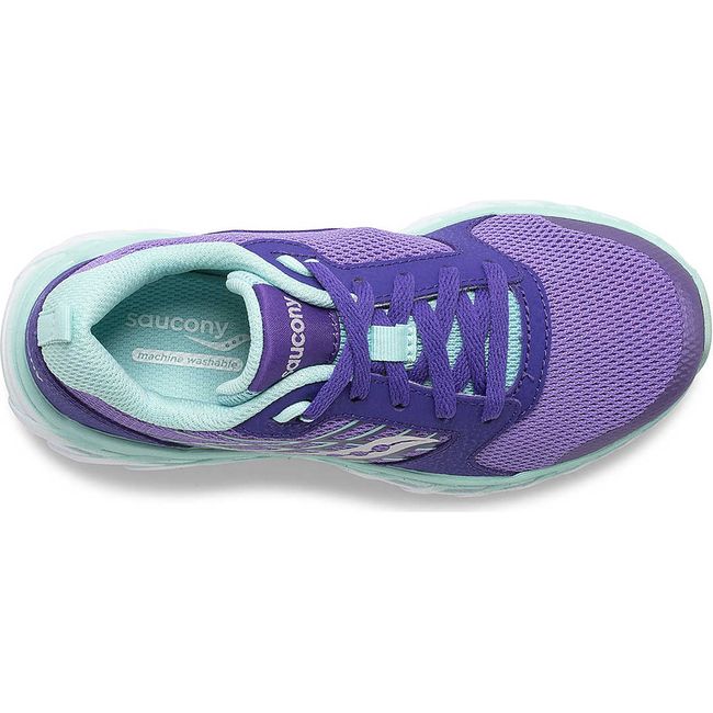 Top down view of Kids Saucony Wind 2.0 Sneaker in purple mesh with teal accents