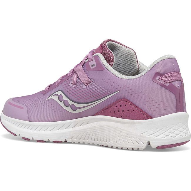 Medial side of Kids Saucony Guide 16 Sneaker in pink Orchid. White sole. Shows pronation stability