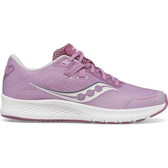 Lateral side of Kids Saucony Guide 16 Sneaker in pink Orchid mesh and white sole