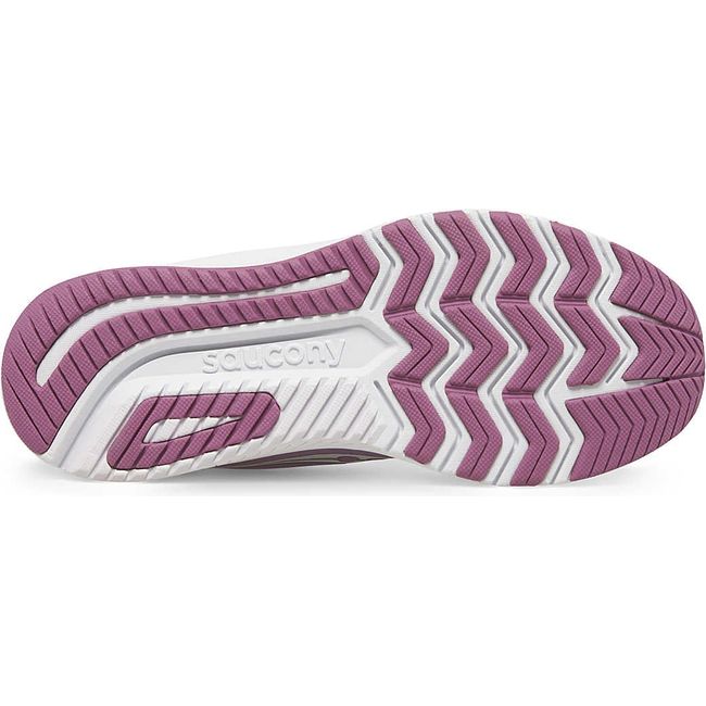 Sole of Kids Saucony Guide 16 Sneaker in pink Orchid mesh and white sole. Pink tread