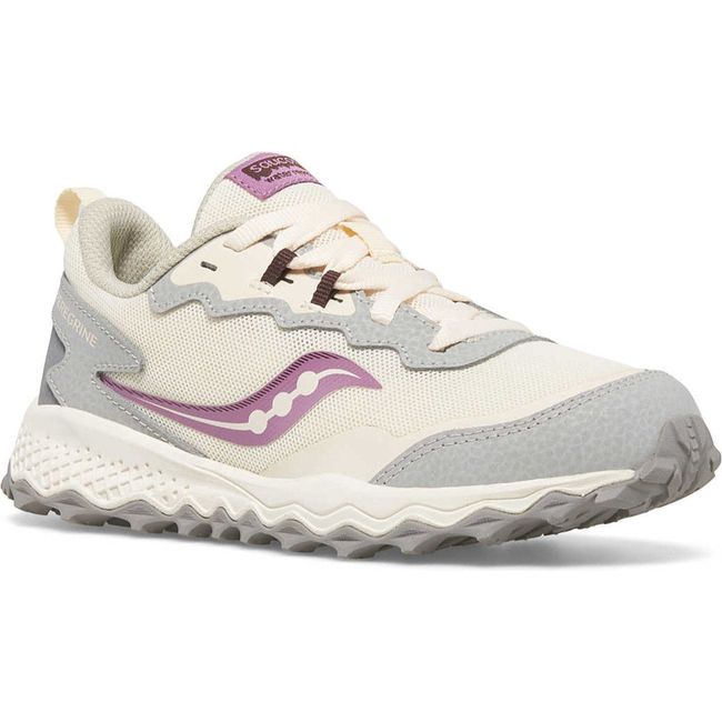 Front of Kids Saucony Peregrine KDZ Sneaker in Orchid beige color way with gray and purple accents