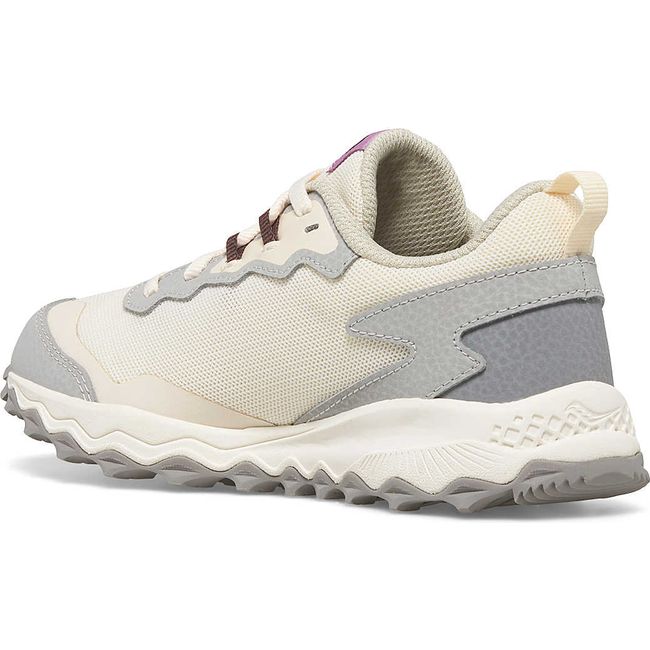Medial side of Kids Saucony Peregrine KDZ Sneaker in Orchid beige with gray and purple accents