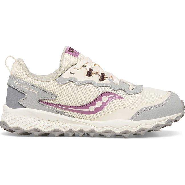 Lateral side of Kids Saucony Peregrine KDZ Sneaker in Orchid beige with gray and purple accents