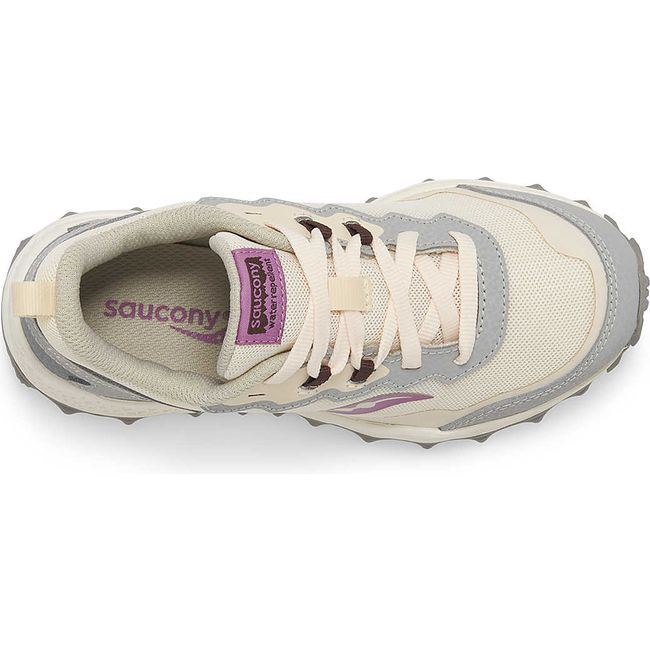 Top down view of Kids Saucony Peregrine KDZ Sneaker in Orchid beige with gray and purple accents