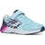 Front angled view of Kids Saucony Wind 2.0 A/C Sneaker in light Blue and Purple with a white sole