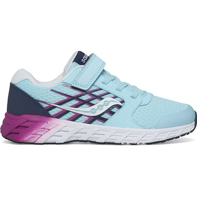 Lateral of Kids Saucony Wind 2.0 A/C Sneaker in light Blue and Purple with a white sole