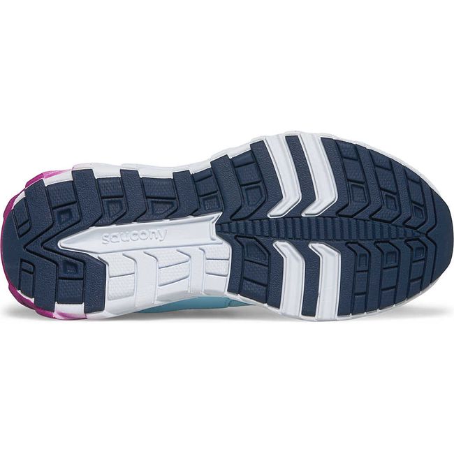 Sole of Kids Saucony Wind 2.0 A/C Sneaker in light Blue and Purple with a white sole and navy tread