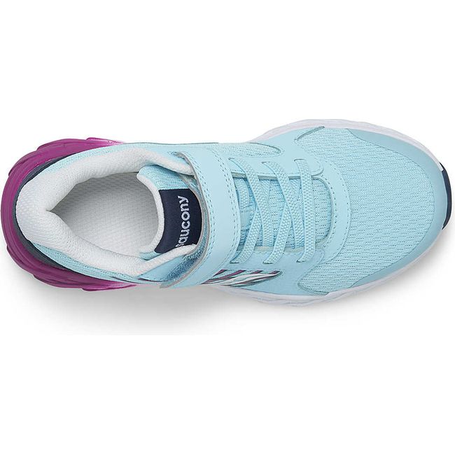 Top down view of Kids Saucony Wind 2.0 A/C Sneaker in light Blue and Purple with a velcro strap