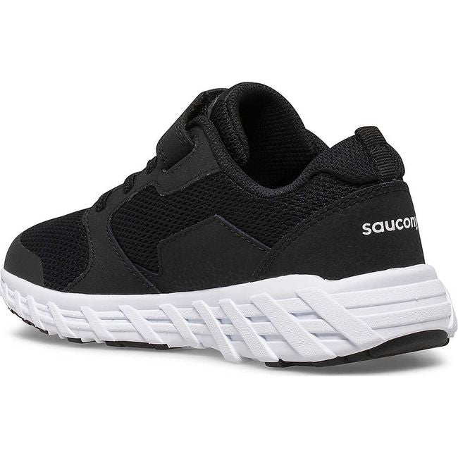 Medial side of Kids Saucony Wind 2.0 AC Sneaker in black and white with velcro strap and white sole