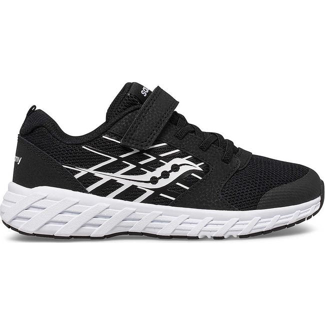 Lateral side of Kids Saucony Wind 2.0 AC Sneaker in black and white with velcro strap and white sole