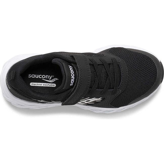 Top down view of Kids Saucony Wind 2.0 AC Sneaker in black mesh with a velcro strap