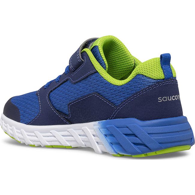 Medial view of Kids Saucony Wind 2.0 A/C Sneaker in Navy blue and green with a white sole