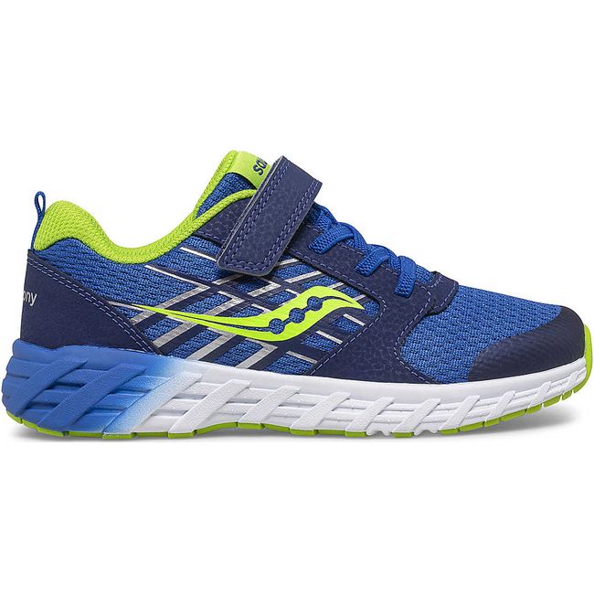 Lateral view of Kids Saucony Wind 2.0 A/C Sneaker in Navy blue and green with a white sole