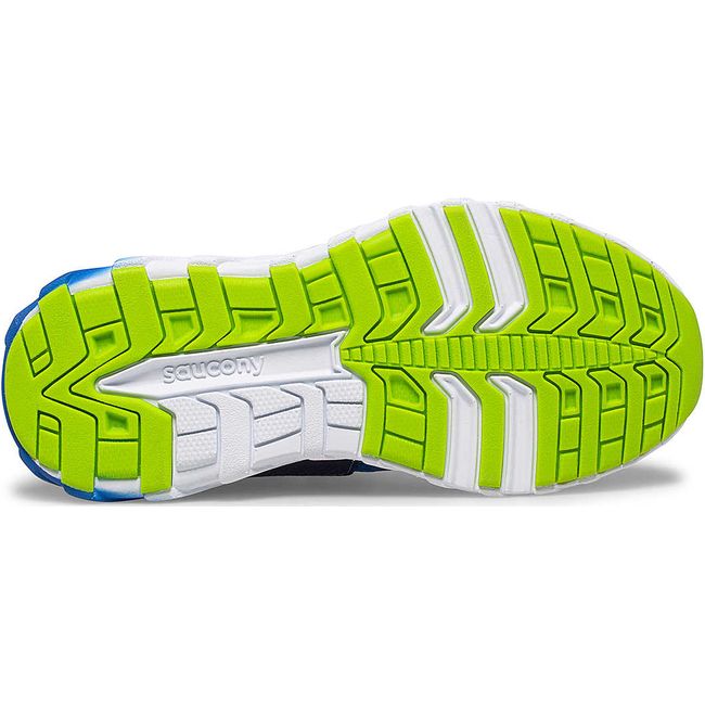 Sole of Kids Saucony Wind 2.0 A/C Sneaker in Navy blue and green with a white sole and green tread