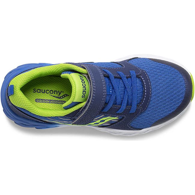 Top down view of Kids Saucony Wind 2.0 A/C Sneaker in Navy blue and green mesh upper