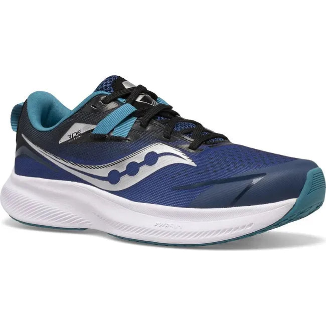 Front of Kids Saucony Ride 15 Running Shoe in twilight black and blue mesh upper with a white sole