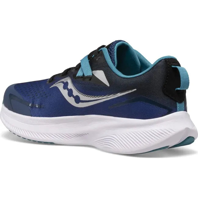 Medial side of Kids Saucony Ride 15 Running Shoe. Twilight black and blue mesh upper, a white sole