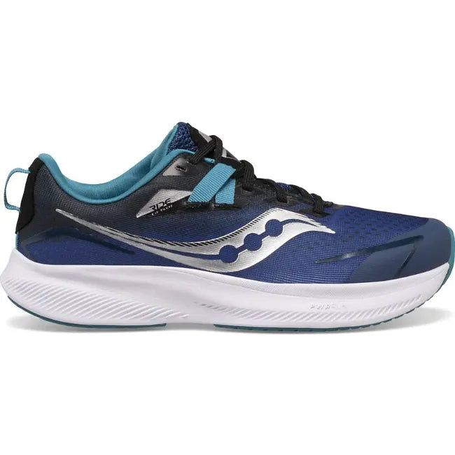 Lateral side of Kids Saucony Ride 15 Running Shoe. Twilight black and blue mesh upper, a white sole