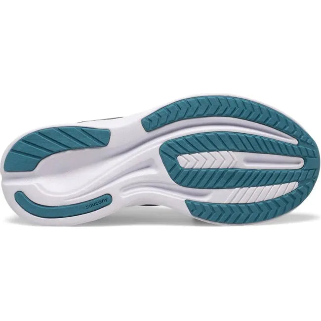 Sole of Kids Saucony Ride 15 Running Shoe. White sole with blue turquoise tread