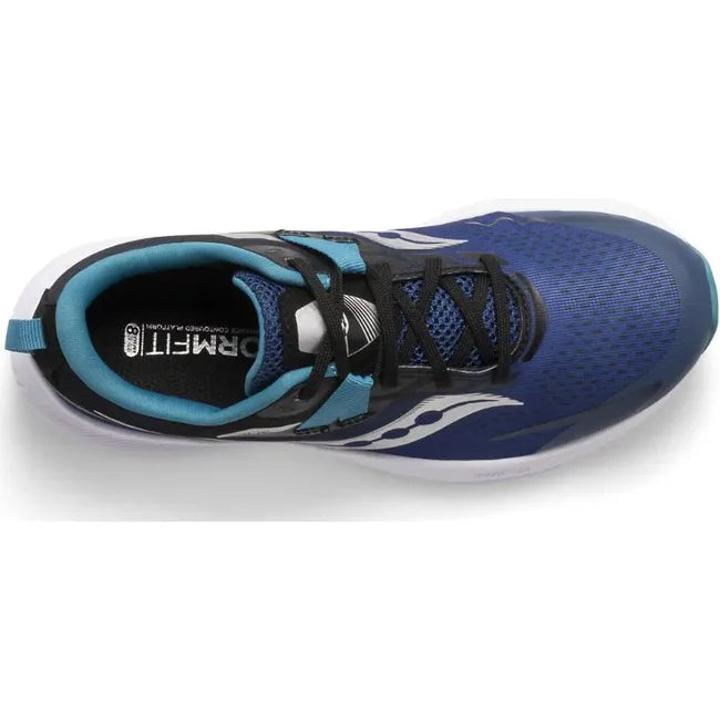 Top down view of Kids Saucony Ride 15 Running Shoe. Twilight black and blue mesh upper, a white sole
