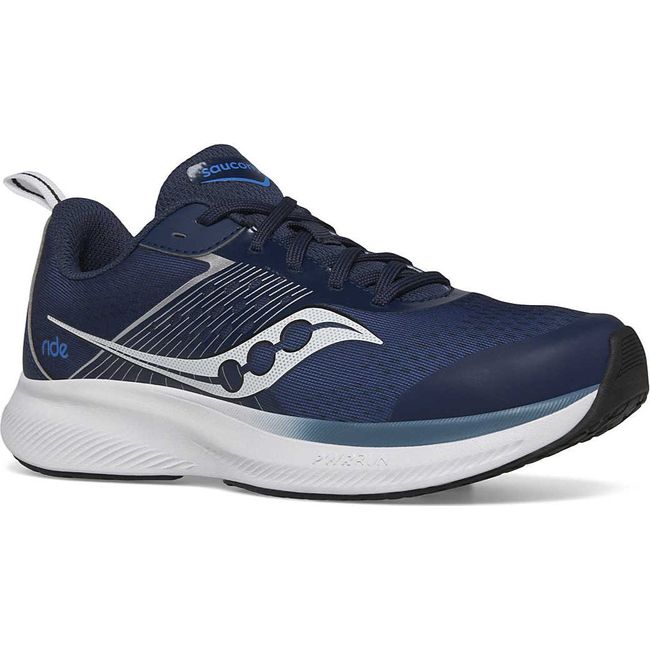 Front angled view of Kids Saucony Ride KDZ Sneaker in Navy Silver upper and a white sole