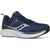 Front angled view of Kids Saucony Ride KDZ Sneaker in Navy Silver upper and a white sole