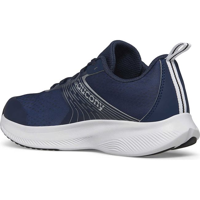 Medial side of Kids Saucony Ride KDZ Sneaker in Navy Silver upper and a white sole