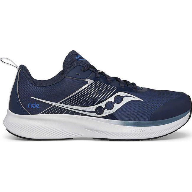 Lateral side of Kids Saucony Ride KDZ Sneaker in Navy Silver upper and a white sole
